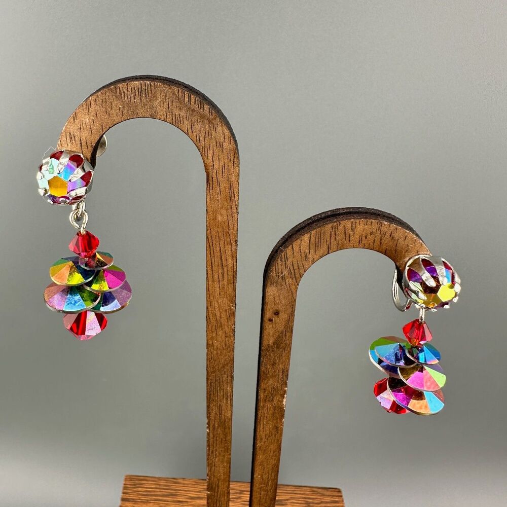 Vintage AB Rhinestone Disco Earrings Dangle Drop Multicolor Discs Clip On Galaxy